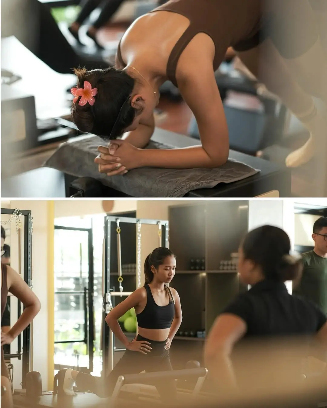 A collage showing close-ups of women focused during a Pilates class at Native Tree Pilates in Bali, highlighting both exercise and instruction.