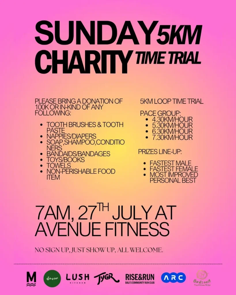 Promotional flyer for the Sunday 5km Charity Time Trial event at Avenue Fitness on July 27 2025, listing donation items, pace groups, and prizes.