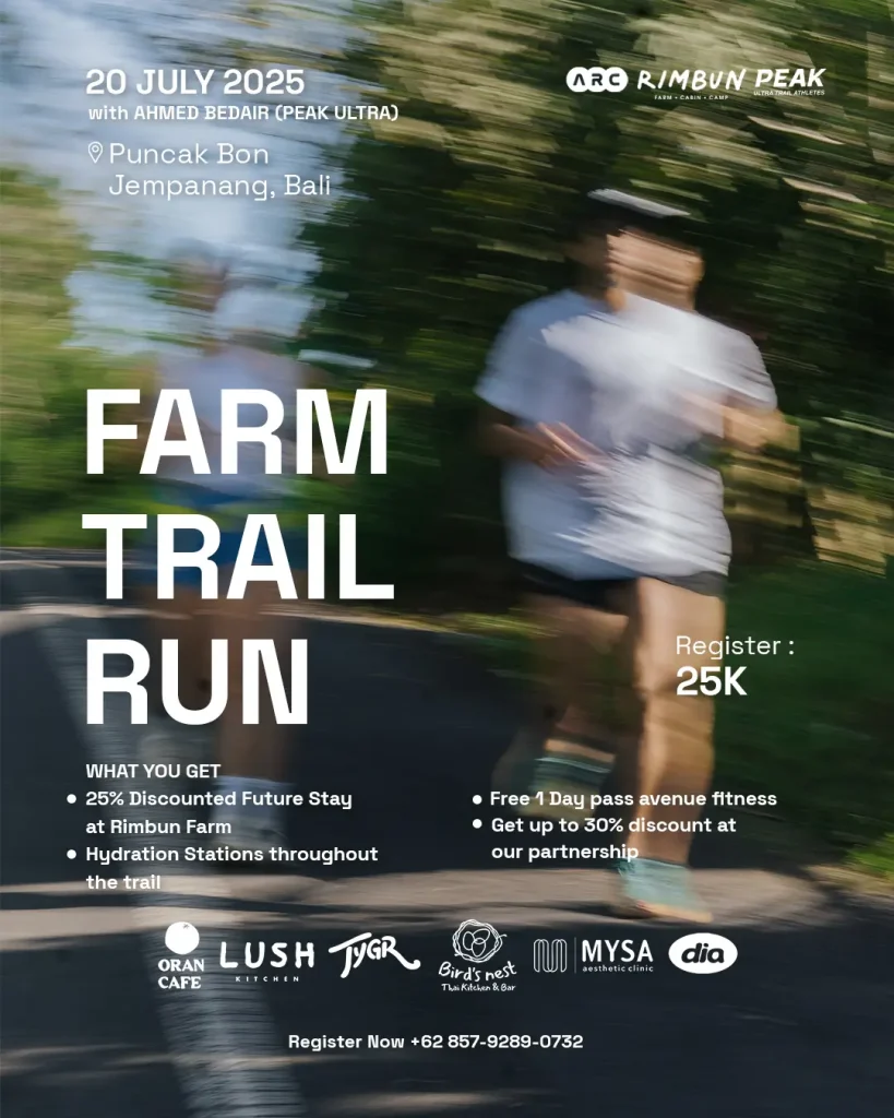 Promotional poster for the Farm Trail Run event on July 20 2025 at Puncak Bon Jempanang Bali, hosted by Avenue Running Club (ARC).