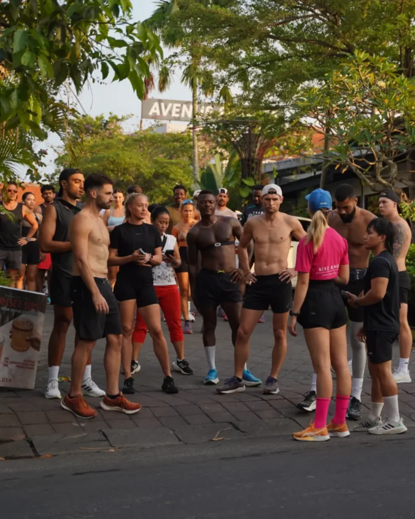 Runners from Avenue Running Club (ARC) and Rise & Sun Bali gathering before the Sunday Charity 5km Time Trial event in Canggu on July 27 2025.