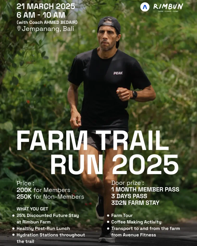 The official event poster for the Farm Trail Run 2025, which was held on March 21 in Jempanang Bali with Coach Ahmed Bedair.