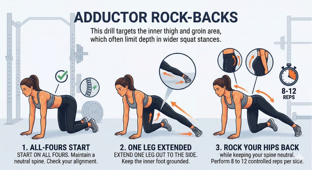 A step-by-step instructional graphic for performing adductor rock-backs to improve hip mobility.
