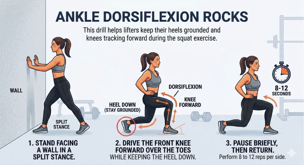 An instructional illustration showing the three steps of the ankle dorsiflexion rocks exercise.