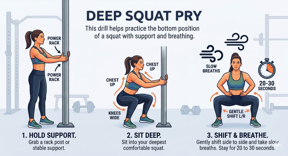 Step-by-step instructional infographic for the deep squat pry exercise.
