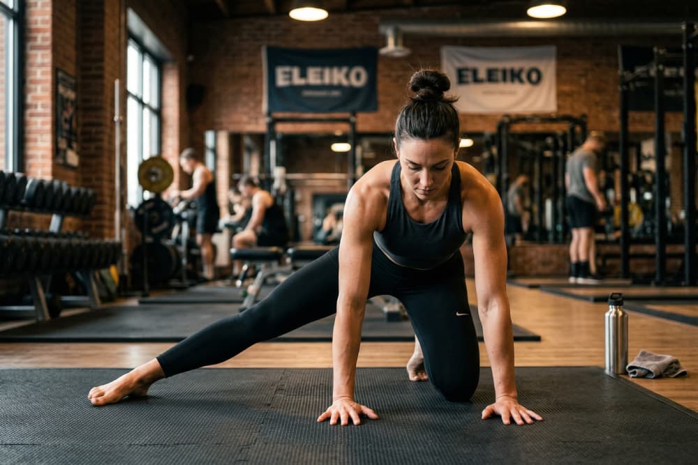 A muscular woman in black workout gear stretching on a gym mat in a modern gym with weights and banners in the background.
