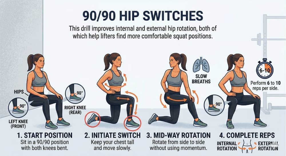 Infographic demonstrating how to perform 90/90 hip switches in four steps to improve hip mobility.