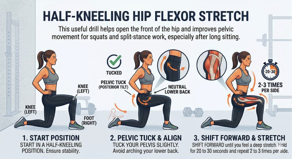 Step-by-step infographic of a woman performing a half-kneeling hip flexor stretch correctly.