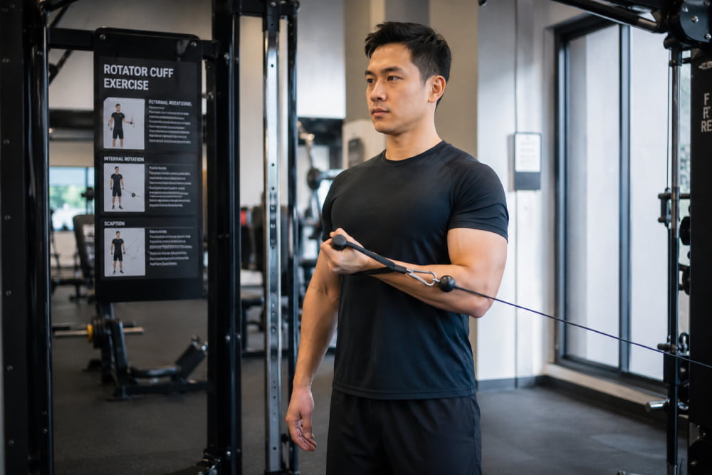 Fit man doing rotator cuff internal rotation exercise on a cable machine at a gym.
