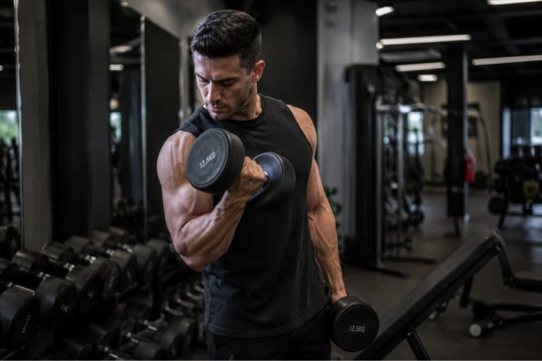 Muscular man performing a bicep curl with dumbbells in a modern gym setting.