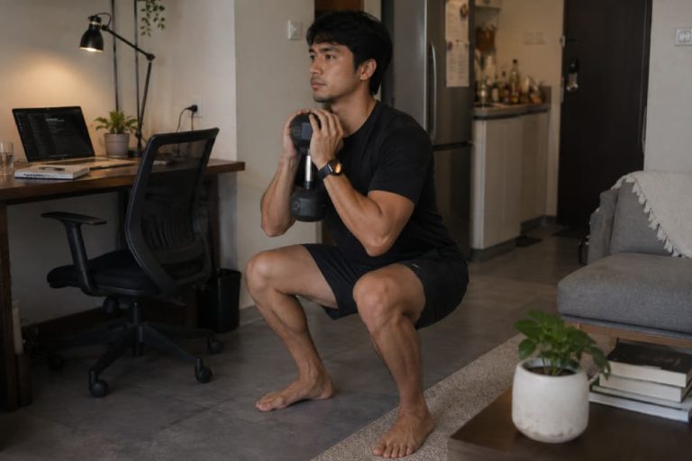 A digital nomad performing a goblet squat with a dumbbell in his home office.