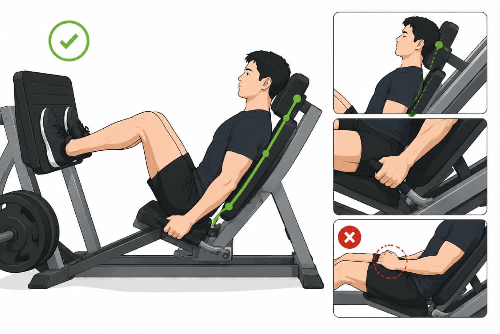 Diagram showing correct and incorrect leg press form with emphasis on back alignment and hand placement.