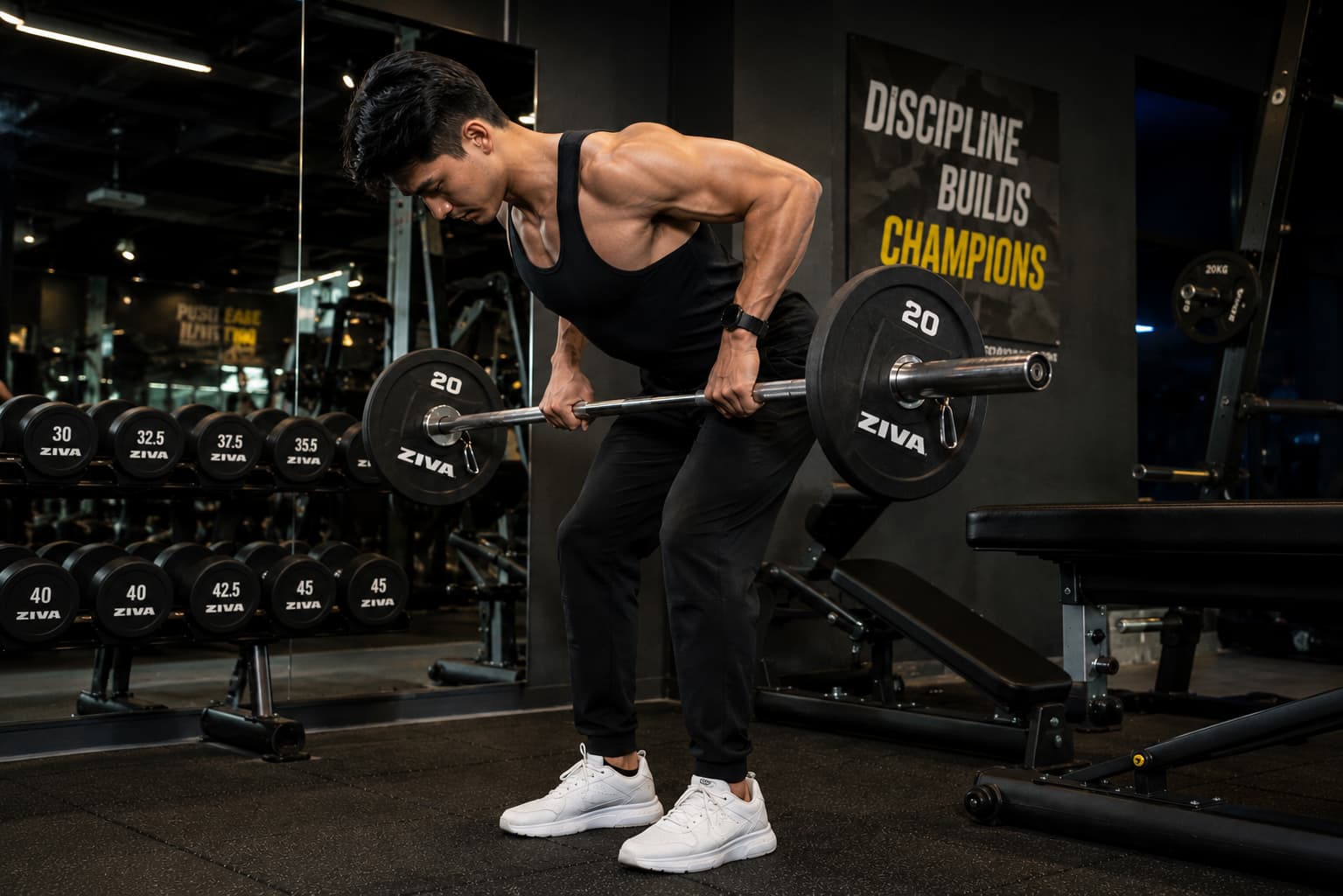 A fit man performing bent-over barbell rows in a dark, professional gym.