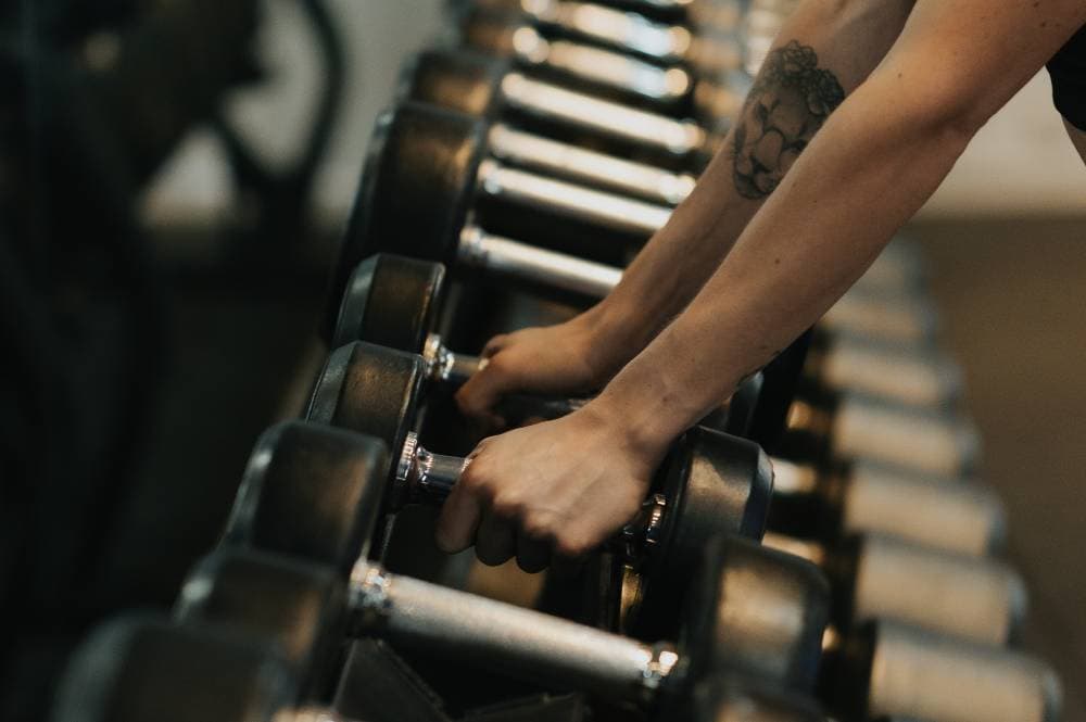 Person with a lion tattoo on their forearm reaching for dumbbells on a gym rack.